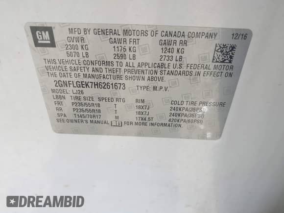 2017 Chevrolet Equinox Premier с VIN 2GNFLGEK7H6261673, выставлен на аукционе IAAI как лот 43068213 с пробегом 167 812 миль миль и . История ставок и продаж доступна на DreamBid. Изображение 9.