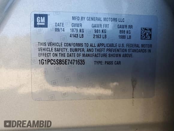 2014 Chevrolet Cruze 1LT с VIN 1G1PC5SB5E7471635, выставлен на аукционе Copart как лот 82585855 с пробегом 85 007 миль миль и Списание • Salvage title. История ставок и продаж доступна на DreamBid. Изображение 12.