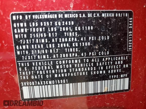 2019 Volkswagen Tiguan S с VIN 3VV0B7AX3KM015981, выставлен на аукционе Copart как лот 70538555 с пробегом 45 171 миль миль и Списание • Salvage title. История ставок и продаж доступна на DreamBid. Изображение 13.