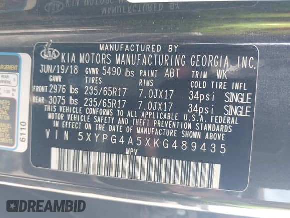 2019 Kia Sorento LX with VIN 5XYPG4A5XKG489435, listed as a IAAI auction lot 42862405 with Not provided miles and . Bid and sale history available at DreamBid. Image 9.