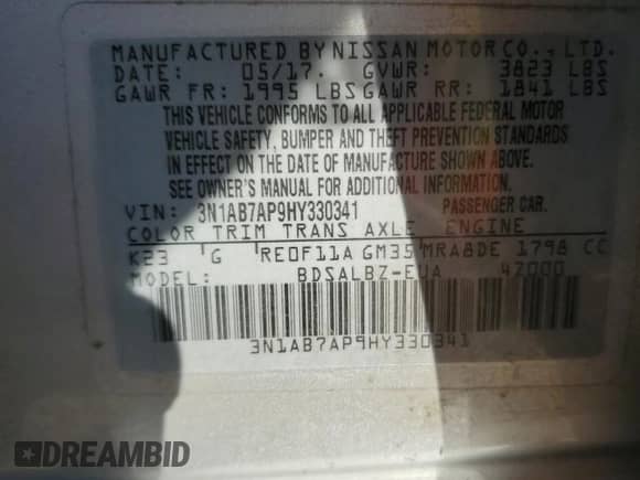 2017 Nissan Sentra SR с VIN 3N1AB7AP9HY330341, выставлен на аукционе Copart как лот 70709084 с пробегом 136 142 миль миль и Списание • Salvage title. История ставок и продаж доступна на DreamBid. Изображение 12.