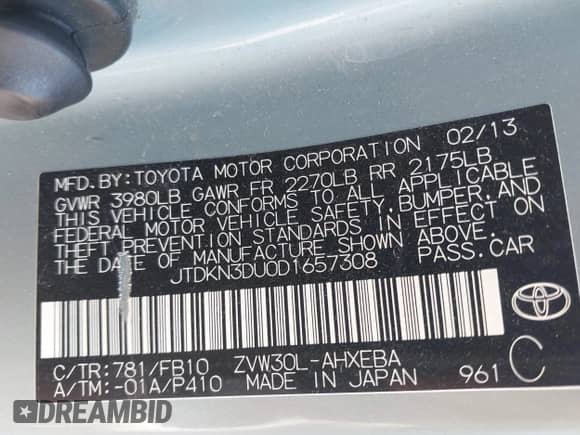 2013 Toyota Prius Two with VIN JTDKN3DU0D1657308, listed as a IAAI auction lot 43256774 with 238,587 mi miles and . Bid and sale history available at DreamBid. Image 9.