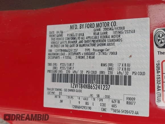 2006 Ford Mustang Standard с VIN 1ZVFT84N865241237, выставлен на аукционе IAAI как лот 42682629 с пробегом 218 861 миль миль и . История ставок и продаж доступна на DreamBid. Изображение 9.