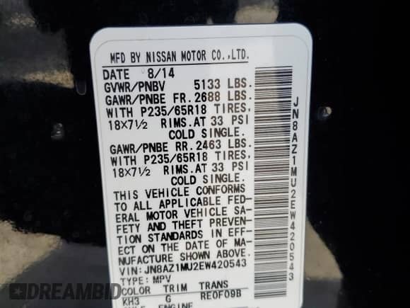 2014 Nissan Murano S with VIN JN8AZ1MU2EW420543, listed as a Copart auction lot 71135705 with 124,751 mi miles and Salvage title. Bid and sale history available at DreamBid. Image 13.
