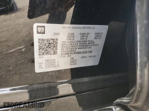 2025 Chevrolet Traverse AWD RS с VIN 1GNEVLRS8SJ221749, выставлен на аукционе Copart как лот 56988265 с пробегом Не указан миль и Списание • Salvage title. История ставок и продаж доступна на DreamBid. Изображение 14.