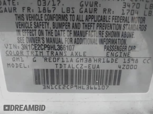 2017 Nissan Note SV с VIN 3N1CE2CP9HL366107, выставлен на аукционе IAAI как лот 42075707 с пробегом 94 341 миль миль и . История ставок и продаж доступна на DreamBid. Изображение 9.