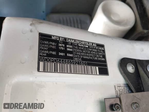 2006 Dodge Sprinter with VIN WD0PD644865921601, listed as a IAAI auction lot 43260668 with 374,440 mi miles and . Bid and sale history available at DreamBid. Image 9.