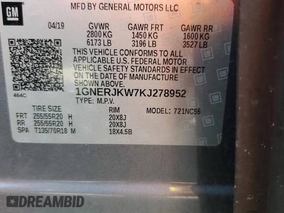 2019 Chevrolet Traverse RS с VIN 1GNERJKW7KJ278952, выставлен на аукционе Copart как лот 65736845 с пробегом 61 975 миль миль и Списание • Salvage title. История ставок и продаж доступна на DreamBid. Изображение 13.