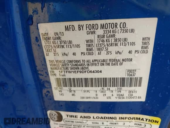 2013 Ford F-150 Lariat z VIN 1FTFW1EF9DFD64304, wystawiony jako IAAI lot #43287528 z przebiegiem 143 714 mil mil oraz . Historia ofert i sprzedaży dostępna na DreamBid. Obrazek 9.