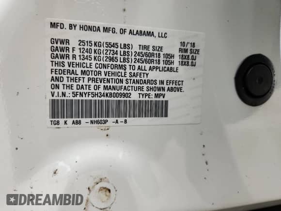 2019 Honda Pilot EX z VIN 5FNYF5H34KB009902, wystawiony jako Copart lot #82224455 z przebiegiem 43 382 mil mil oraz Szkoda całkowita • Salvage title. Historia ofert i sprzedaży dostępna na DreamBid. Obrazek 13.