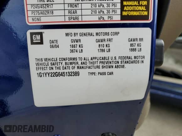 2004 Chevrolet Corvette с VIN 1G1YY22G645132389, выставлен на аукционе Copart как лот 74123514 с пробегом Не указан миль и На запчасти • Non repairable. История ставок и продаж доступна на DreamBid. Изображение 13.