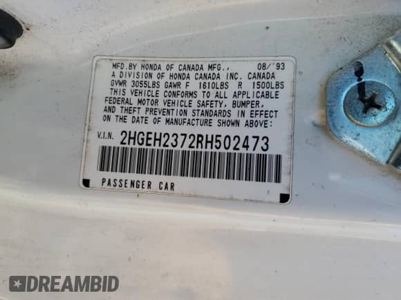 1994 Honda Civic with VIN 2HGEH2372RH502473, listed as a Copart auction lot 46872145 with 327,181 mi miles and Salvage title. Bid and sale history available at DreamBid. Image 12.