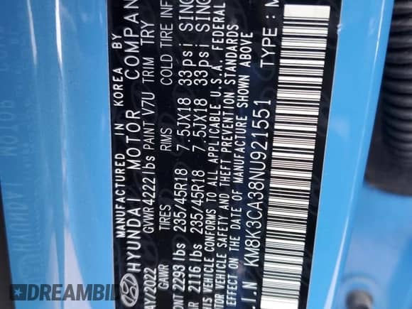 2022 Hyundai Kona N Line z VIN KM8K3CA38NU921551, wystawiony jako Copart lot #64991445 z przebiegiem 11 921 mil mil oraz Szkoda całkowita • Salvage title. Historia ofert i sprzedaży dostępna na DreamBid. Obrazek 13.