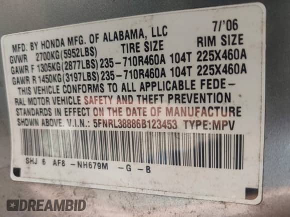 2006 Honda Odyssey Touring with VIN 5FNRL38886B123453, listed as a IAAI auction lot 42887110 with 179,905 mi miles and . Bid and sale history available at DreamBid. Image 9.