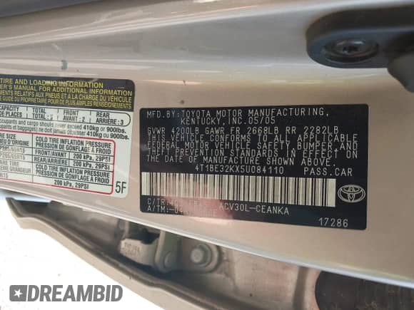 2005 Toyota Camry STD with VIN 4T1BE32KX5U084110, listed as a IAAI auction lot 43162822 with 210,556 mi miles and . Bid and sale history available at DreamBid. Image 9.