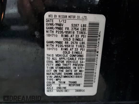 2012 Nissan Murano LE с VIN JN8AZ1MW0CW218900, выставлен на аукционе Copart как лот 85159685 с пробегом 140 034 миль миль и Чистый • Clean title. История ставок и продаж доступна на DreamBid. Изображение 13.