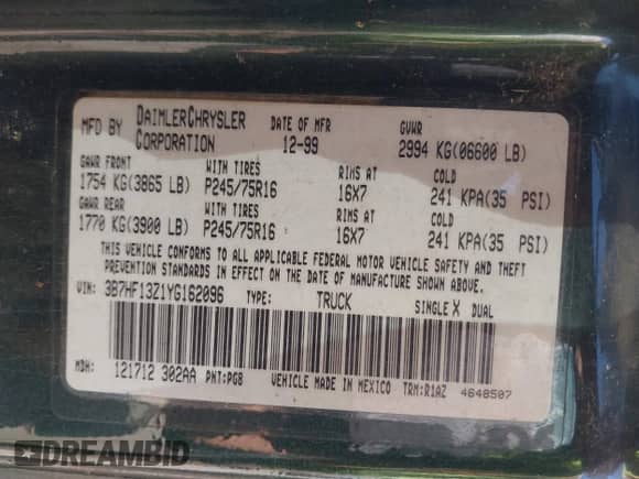 2000 Dodge 1500 с VIN 3B7HF13Z1YG162096, выставлен на аукционе IAAI как лот 43055037 с пробегом 220 313 миль миль и . История ставок и продаж доступна на DreamBid. Изображение 9.