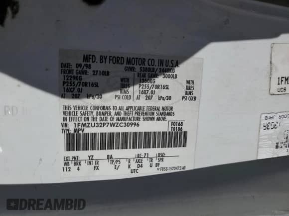 1998 Ford Explorer XLT с VIN 1FMZU32P7WZC30996, выставлен на аукционе Copart как лот 55173285 с пробегом 154 893 миль миль и Списание • Salvage title. История ставок и продаж доступна на DreamBid. Изображение 13.