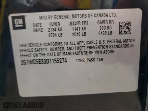 2013 Chevrolet Impala LTZ with VIN 2G1WC5E33D1155274, listed as a Copart auction lot 82623505 with 165,910 mi miles and Salvage title. Bid and sale history available at DreamBid. Image 12.