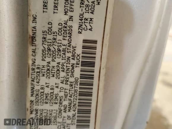 2002 Toyota Tacoma with VIN 5TENL42N72Z087380, listed as a Copart auction lot 84454855 with 291,069 mi miles and Salvage title. Bid and sale history available at DreamBid. Image 12.