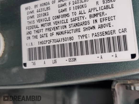 2010 Honda Accord EX with VIN 1HGCP2F70AA150180, listed as a Copart auction lot 70264985 with 200,535 mi miles and Salvage title. Bid and sale history available at DreamBid. Image 12.