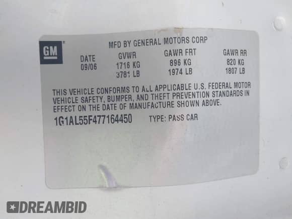 2007 Chevrolet Cobalt LT with VIN 1G1AL55F477164450, listed as a IAAI auction lot 43061382 with 188,016 mi miles and . Bid and sale history available at DreamBid. Image 9.