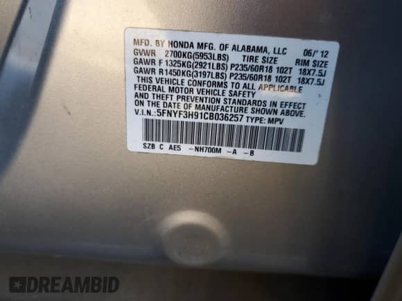 2012 Honda Pilot Touring with VIN 5FNYF3H91CB036257, listed as a Copart auction lot 86178175 with Not provided miles and Salvage title. Bid and sale history available at DreamBid. Image 12.
