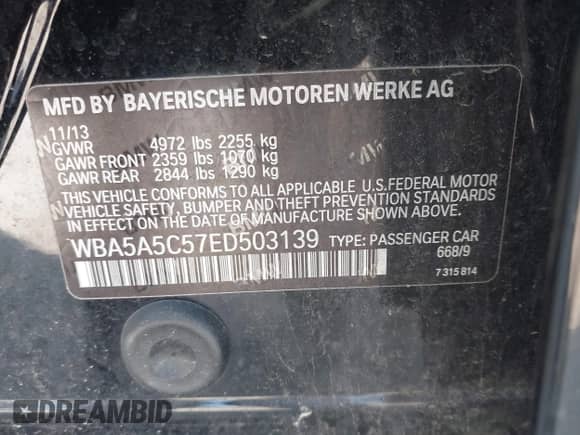 2014 BMW 5 Series 528i с VIN WBA5A5C57ED503139, выставлен на аукционе IAAI как лот 42671281 с пробегом 127 562 миль миль и . История ставок и продаж доступна на DreamBid. Изображение 9.