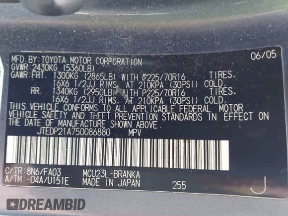 2005 Toyota Highlander with VIN JTEDP21A750086880, listed as a IAAI auction lot 43235079 with 222,327 mi miles and . Bid and sale history available at DreamBid. Image 9.