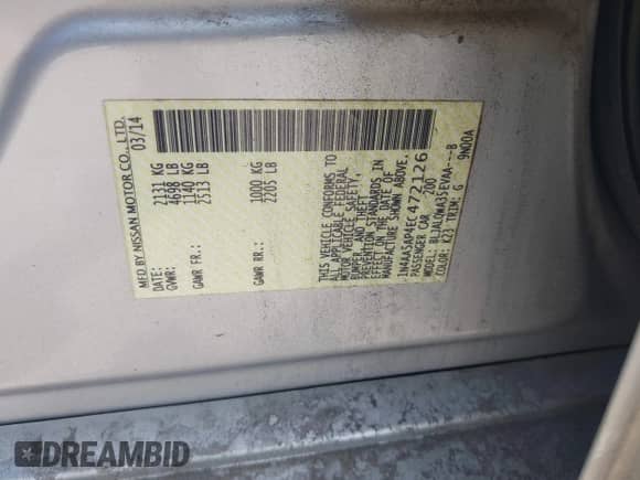 2014 Nissan Maxima S z VIN 1N4AA5AP4EC472126, wystawiony jako IAAI lot #43543829 z przebiegiem 137 050 mil mil oraz . Historia ofert i sprzedaży dostępna na DreamBid. Obrazek 9.