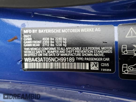 2022 BMW 4 Series 430i xDrive z VIN WBA43AT05NCH99189, wystawiony jako Copart lot #84326424 z przebiegiem Nie podano mil oraz Szkoda całkowita • Salvage title. Historia ofert i sprzedaży dostępna na DreamBid. Obrazek 15.