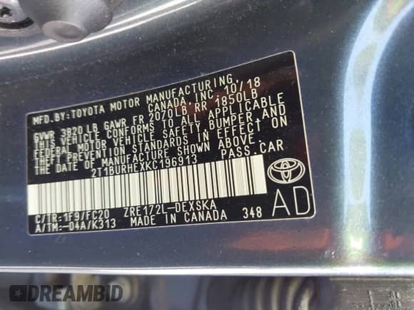 2019 Toyota Corolla XLE z VIN 2T1BURHEXKC196913, wystawiony jako IAAI lot #43315989 z przebiegiem 82 791 mil mil oraz . Historia ofert i sprzedaży dostępna na DreamBid. Obrazek 9.