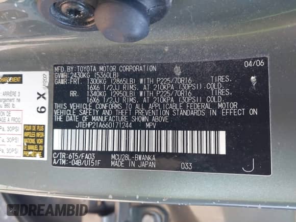 2006 Toyota Highlander z VIN JTEHP21A660171244, wystawiony jako IAAI lot #41328204 z przebiegiem 131 186 mil mil oraz . Historia ofert i sprzedaży dostępna na DreamBid. Obrazek 9.