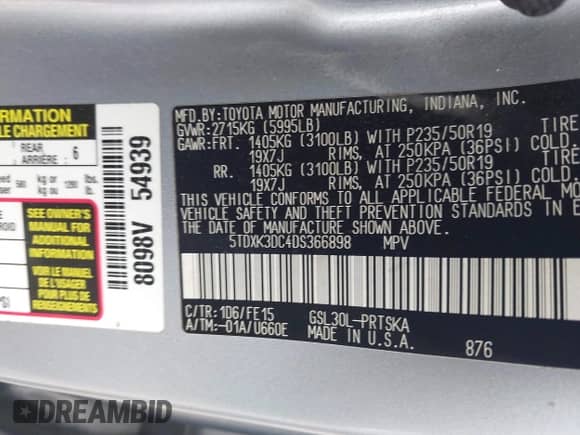2013 Toyota Sienna SE with VIN 5TDXK3DC4DS366898, listed as a IAAI auction lot 41939257 with 157,292 mi miles and . Bid and sale history available at DreamBid. Image 9.