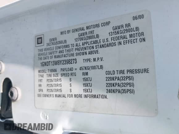 2000 Chevrolet Blazer LT with VIN 1GNDT13W8Y2398273, listed as a IAAI auction lot 42403808 with 113,493 mi miles and . Bid and sale history available at DreamBid. Image 9.