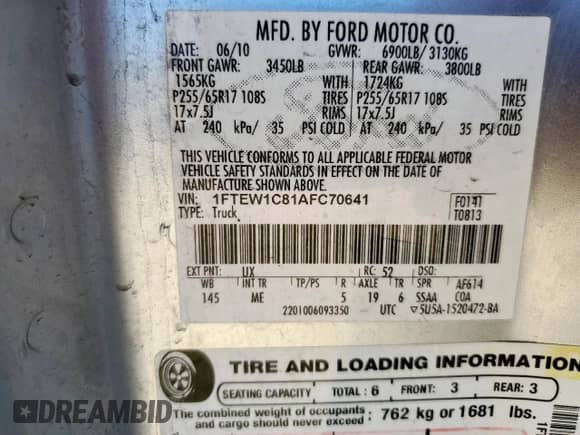 2010 Ford F-150 XL z VIN 1FTEW1C81AFC70641, wystawiony jako Copart lot #86152095 z przebiegiem 239 322 mil mil oraz Szkoda całkowita • Salvage title. Historia ofert i sprzedaży dostępna na DreamBid. Obrazek 12.