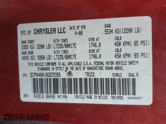 2008 Dodge 3500 Laramie z VIN 3D7MX48A18G229396, wystawiony jako Copart lot #47978865 z przebiegiem Nie podano mil oraz Szkoda całkowita • Salvage title. Historia ofert i sprzedaży dostępna na DreamBid. Obrazek 12.