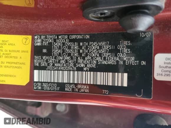 2008 Toyota Highlander z VIN JTEES41A982039678, wystawiony jako Copart lot #90571435 z przebiegiem Nie podano mil oraz Czysty tytuł • Clean title. Historia ofert i sprzedaży dostępna na DreamBid. Obrazek 13.