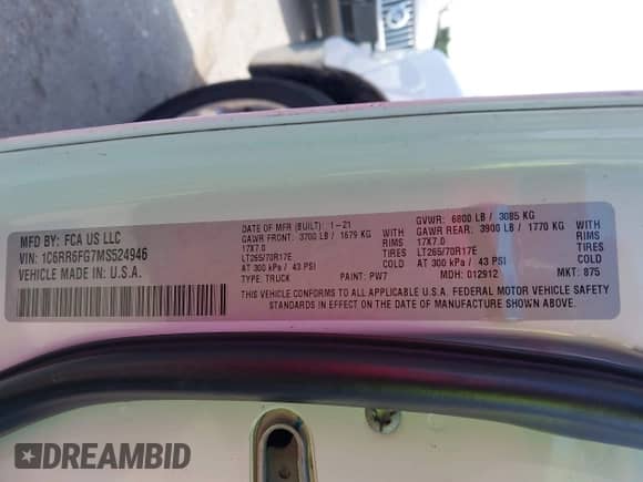 2021 Ram 1500 Tradesman z VIN 1C6RR6FG7MS524946, wystawiony jako IAAI lot #43517143 z przebiegiem 143 902 mil mil oraz . Historia ofert i sprzedaży dostępna na DreamBid. Obrazek 9.