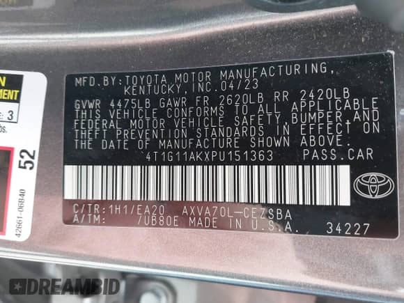 2023 Toyota Camry SE с VIN 4T1G11AKXPU151363, выставлен на аукционе IAAI как лот 42984105 с пробегом 67 559 миль миль и . История ставок и продаж доступна на DreamBid. Изображение 9.