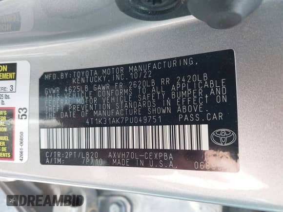 2023 Toyota Camry Hybrid XSE с VIN 4T1K31AK7PU049751, выставлен на аукционе IAAI как лот 42458440 с пробегом 43 721 миль миль и . История ставок и продаж доступна на DreamBid. Изображение 9.