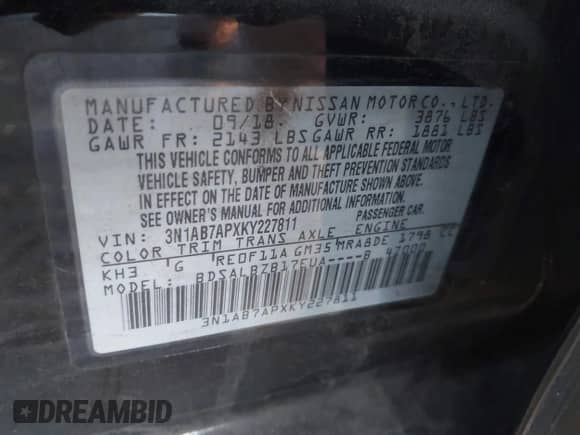 2019 Nissan Sentra S z VIN 3N1AB7APXKY227811, wystawiony jako IAAI lot #43346548 z przebiegiem 109 519 mil mil oraz . Historia ofert i sprzedaży dostępna na DreamBid. Obrazek 9.