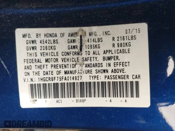 2015 Honda Accord Touring z VIN 1HGCR6F75FA014927, wystawiony jako IAAI lot #43268149 z przebiegiem 132 281 mil mil oraz . Historia ofert i sprzedaży dostępna na DreamBid. Obrazek 9.