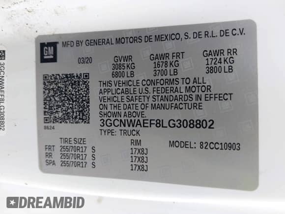 2020 Chevrolet Silverado 1500 Work Truck with VIN 3GCNWAEF8LG308802, listed as a IAAI auction lot 41090222 with 144,193 mi miles and . Bid and sale history available at DreamBid. Image 9.