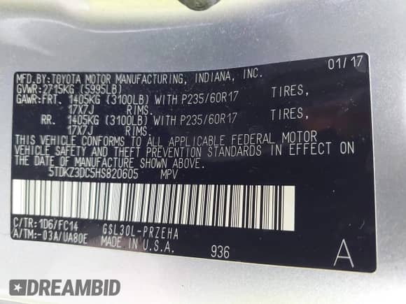 2017 Toyota Sienna LE Auto Access Seat with VIN 5TDKZ3DC5HS820605, listed as a IAAI auction lot 43106577 with 143,049 mi miles and . Bid and sale history available at DreamBid. Image 9.