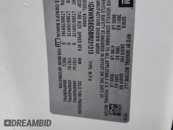 2011 Chevrolet Suburban с VIN 1GNWK5EG5BR231313, выставлен на аукционе Copart как лот 84421955 с пробегом 13 153 миль миль и Списание • Salvage title. История ставок и продаж доступна на DreamBid. Изображение 13.