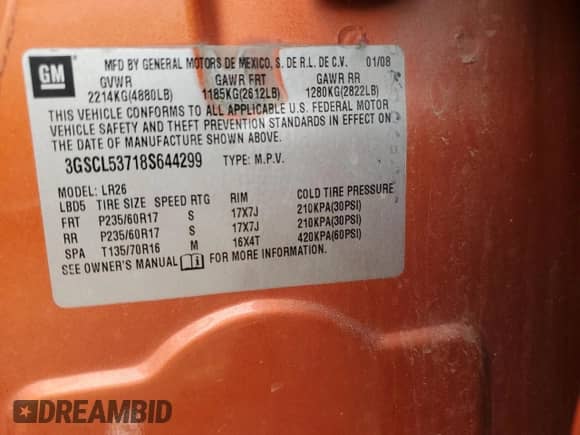 2008 Saturn VUE XR z VIN 3GSCL53718S644299, wystawiony jako Copart lot #81580665 z przebiegiem Nie podano mil oraz Czysty tytuł • Clean title. Historia ofert i sprzedaży dostępna na DreamBid. Obrazek 13.