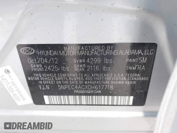 2013 Hyundai Sonata SE with VIN 5NPEC4ACXDH617718, listed as a IAAI auction lot 43302766 with 101,192 mi miles and . Bid and sale history available at DreamBid. Image 9.