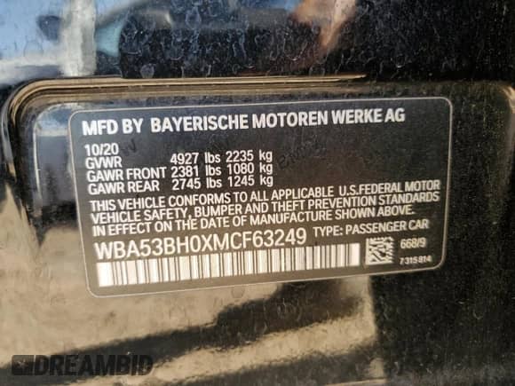 2021 BMW 5 Series 530i with VIN WBA53BH0XMCF63249, listed as a Copart auction lot 68322445 with 78,992 mi miles and Clean title. Bid and sale history available at DreamBid. Image 12.