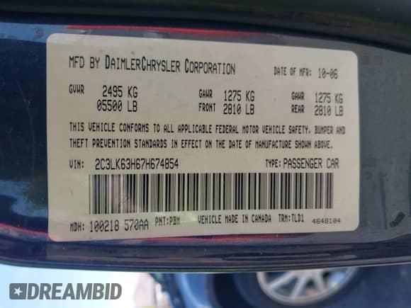 2007 Chrysler 300 C with VIN 2C3LK63H67H674854, listed as a IAAI auction lot 42389500 with 110,857 mi miles and . Bid and sale history available at DreamBid. Image 9.